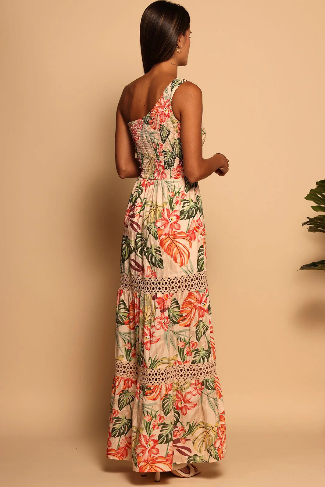 Back view of the Jungle Harmony Ozzy One Shoulder Maxi Dress by Shore