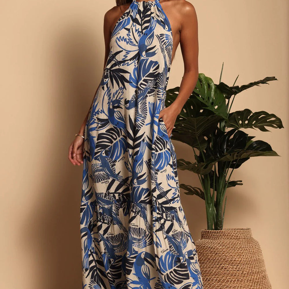 Front view of the Parrot Blues Hannah Halter Maxi Dress by Shore