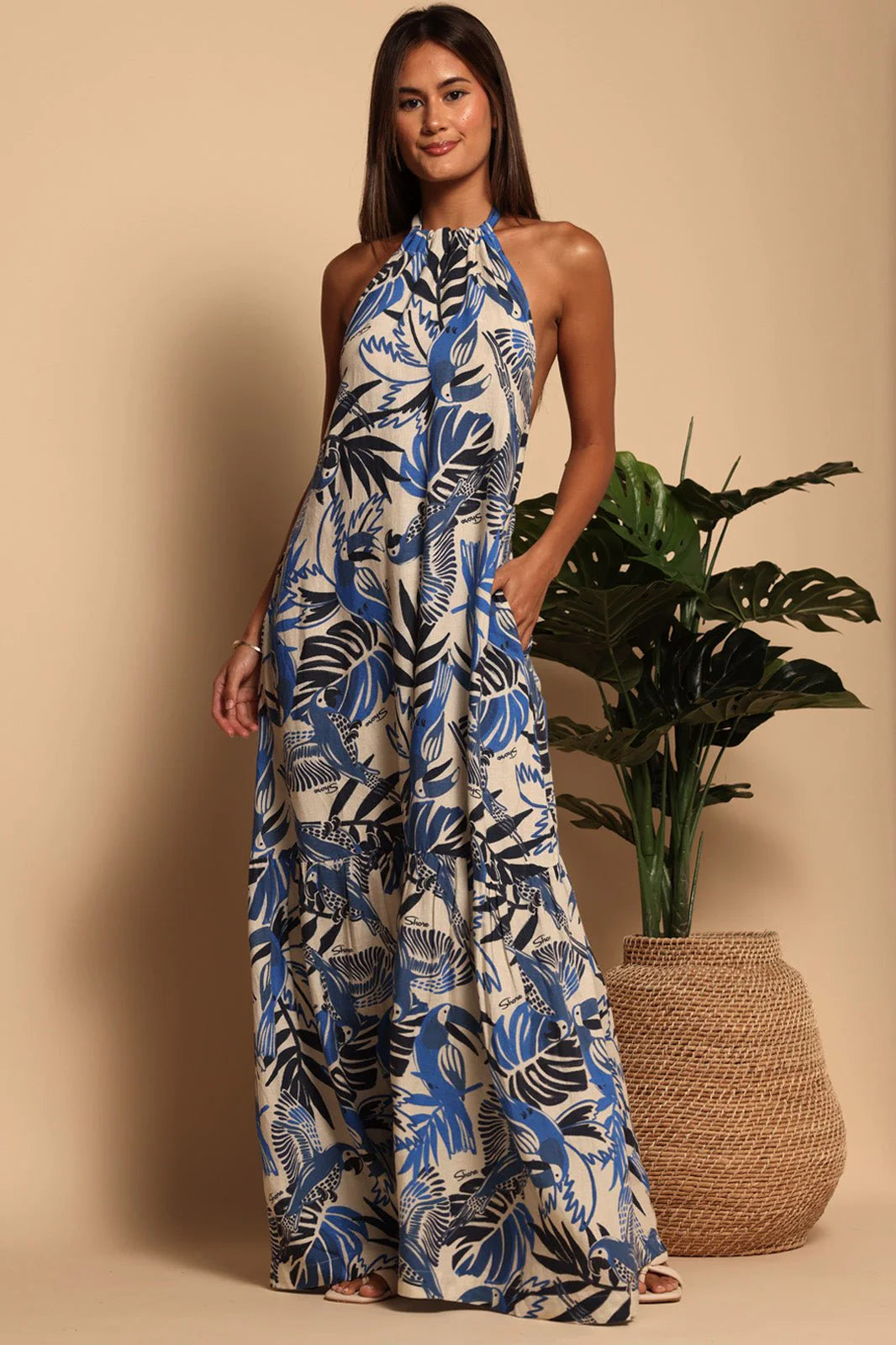 Front view of the Parrot Blues Hannah Halter Maxi Dress by Shore