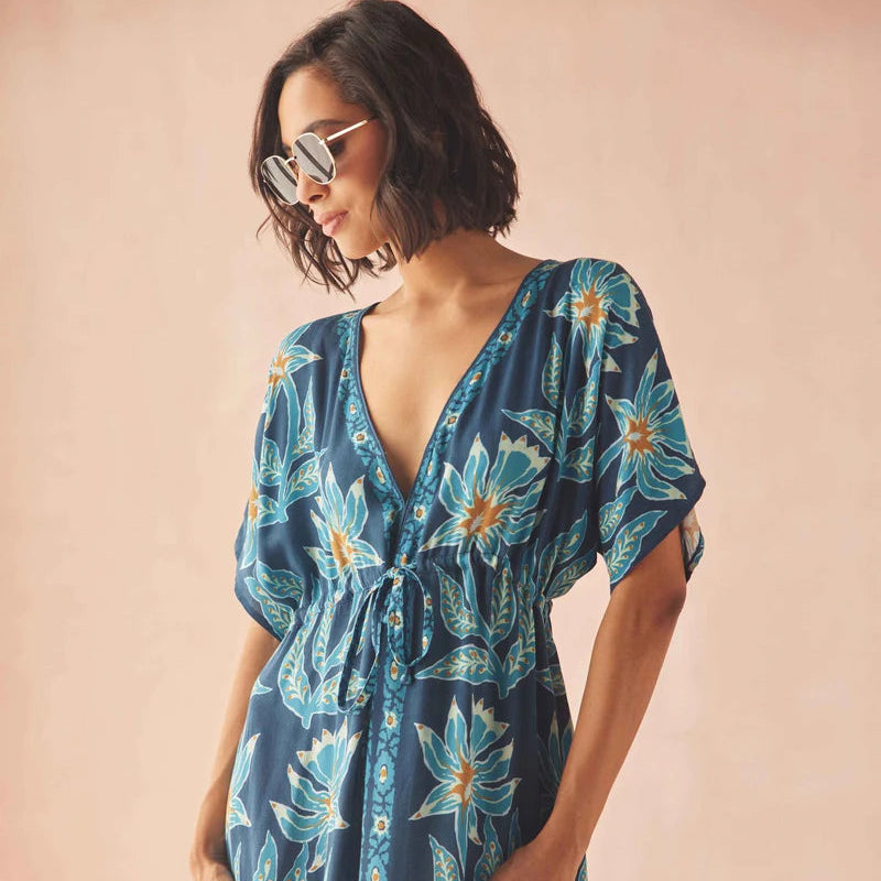 Omika blue foral caftan dress