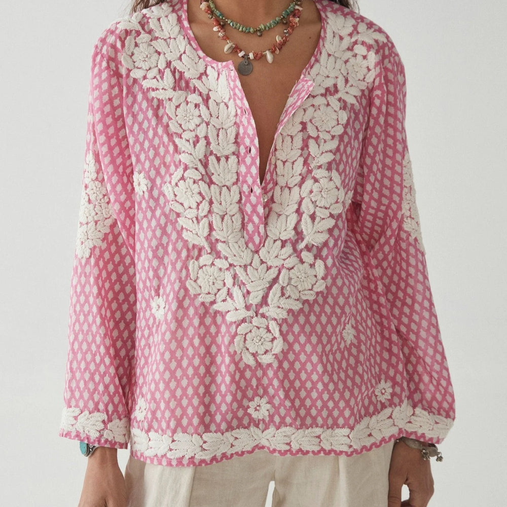 Front view of the pink Rita Blouse by Maison Hotel