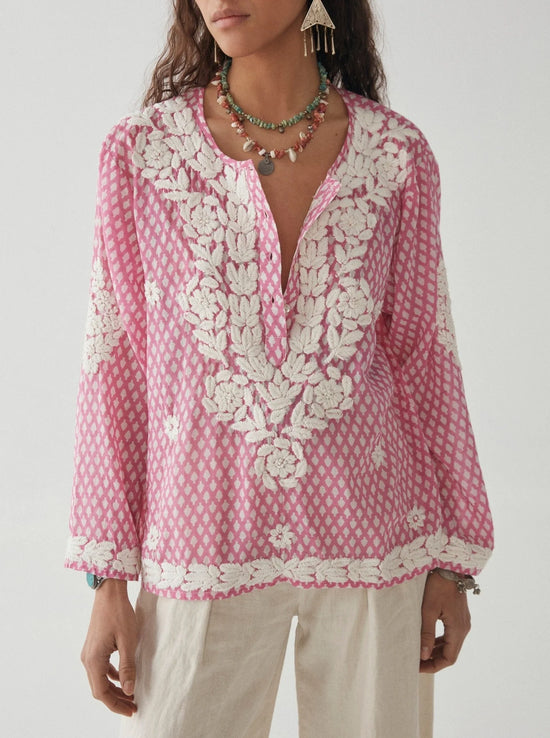 Front view of the pink Rita Blouse by Maison Hotel