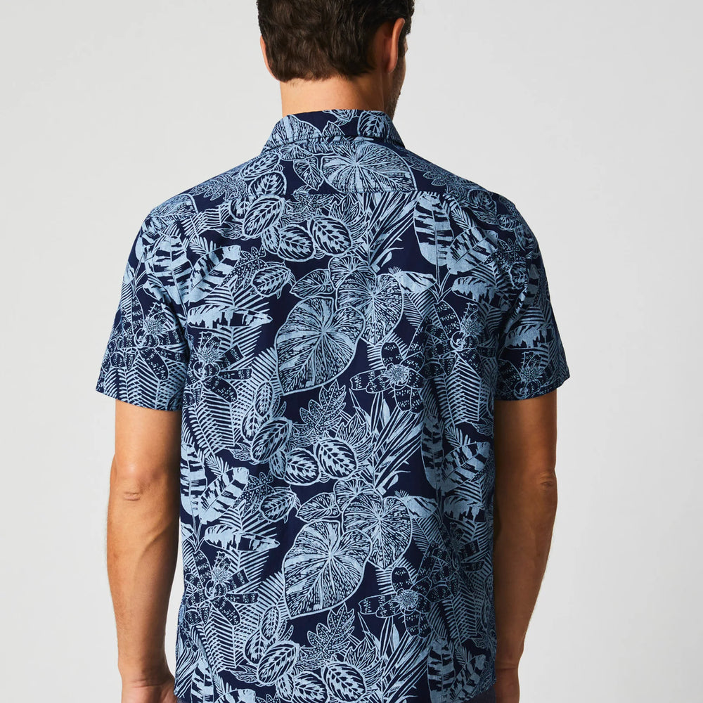 
                      
                        Back view of Billy Reid's Short Sleeve Indigo Botanical Treme Block Shirt
                      
                    