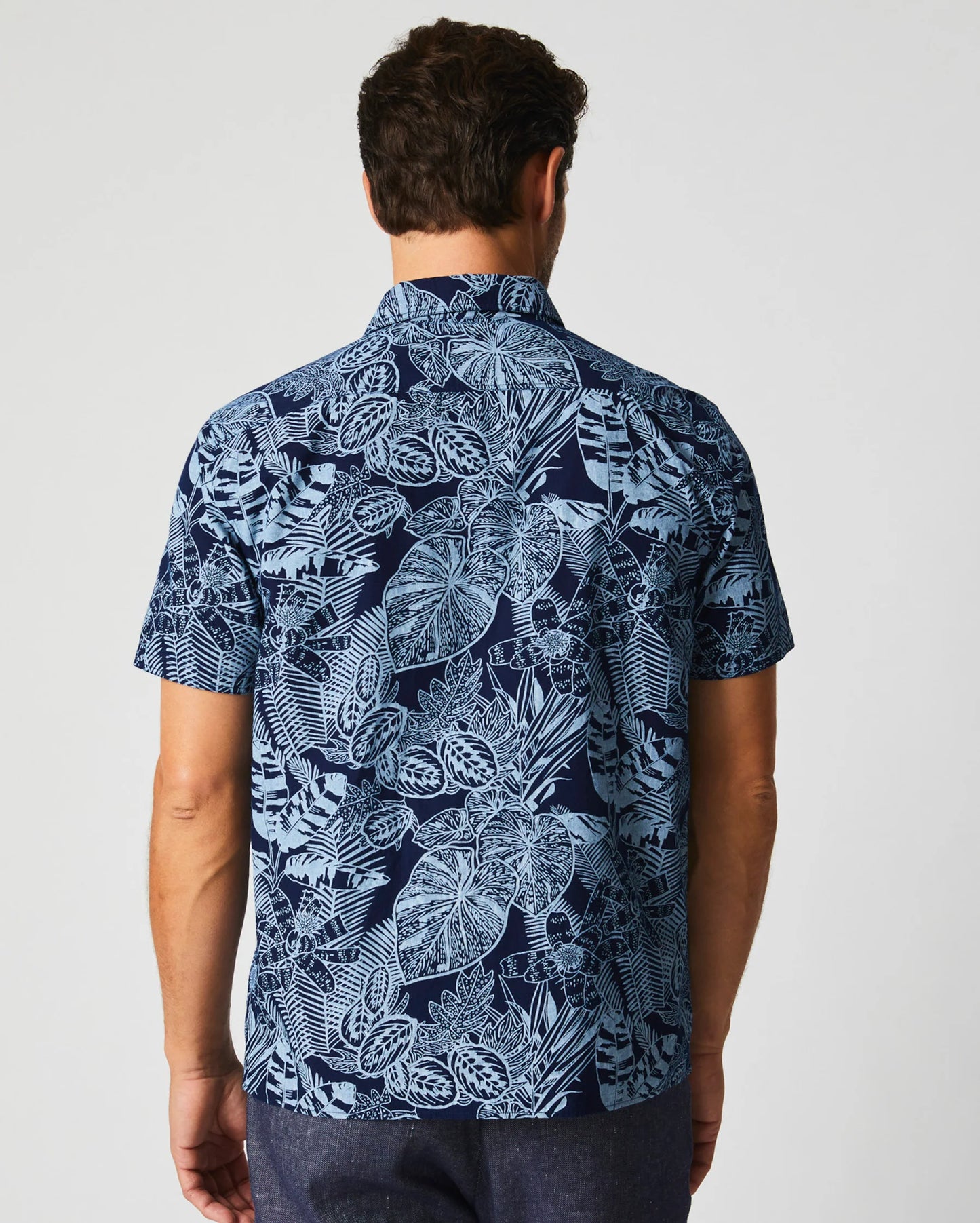 Back view of Billy Reid's Short Sleeve Indigo Botanical Treme Block Shirt