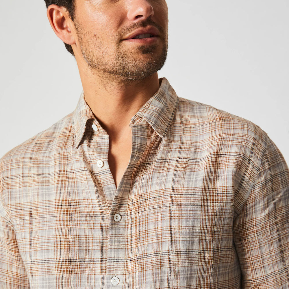 
                      
                        Front detail view of Billy Reid's Linen Line Plaid Wilson Shirt
                      
                    