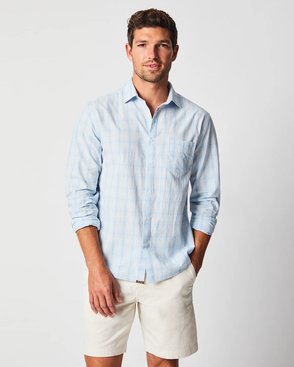 Front view of Billy Reid's Line Plaid Pickwick Shirt in the color French Blue