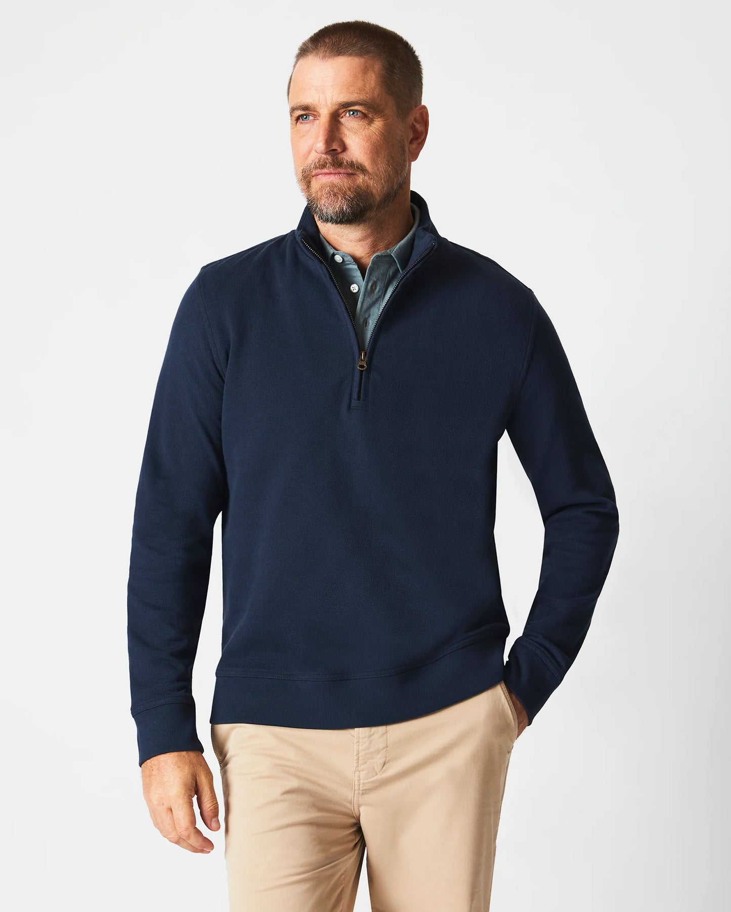 Front view of Billy Reid's Cullman Half Zip in the color Navy