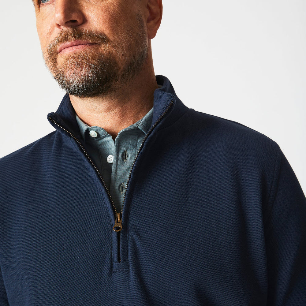 
                      
                        Front detail  view of Billy Reid's Cullman Half Zip in the color Navy
                      
                    