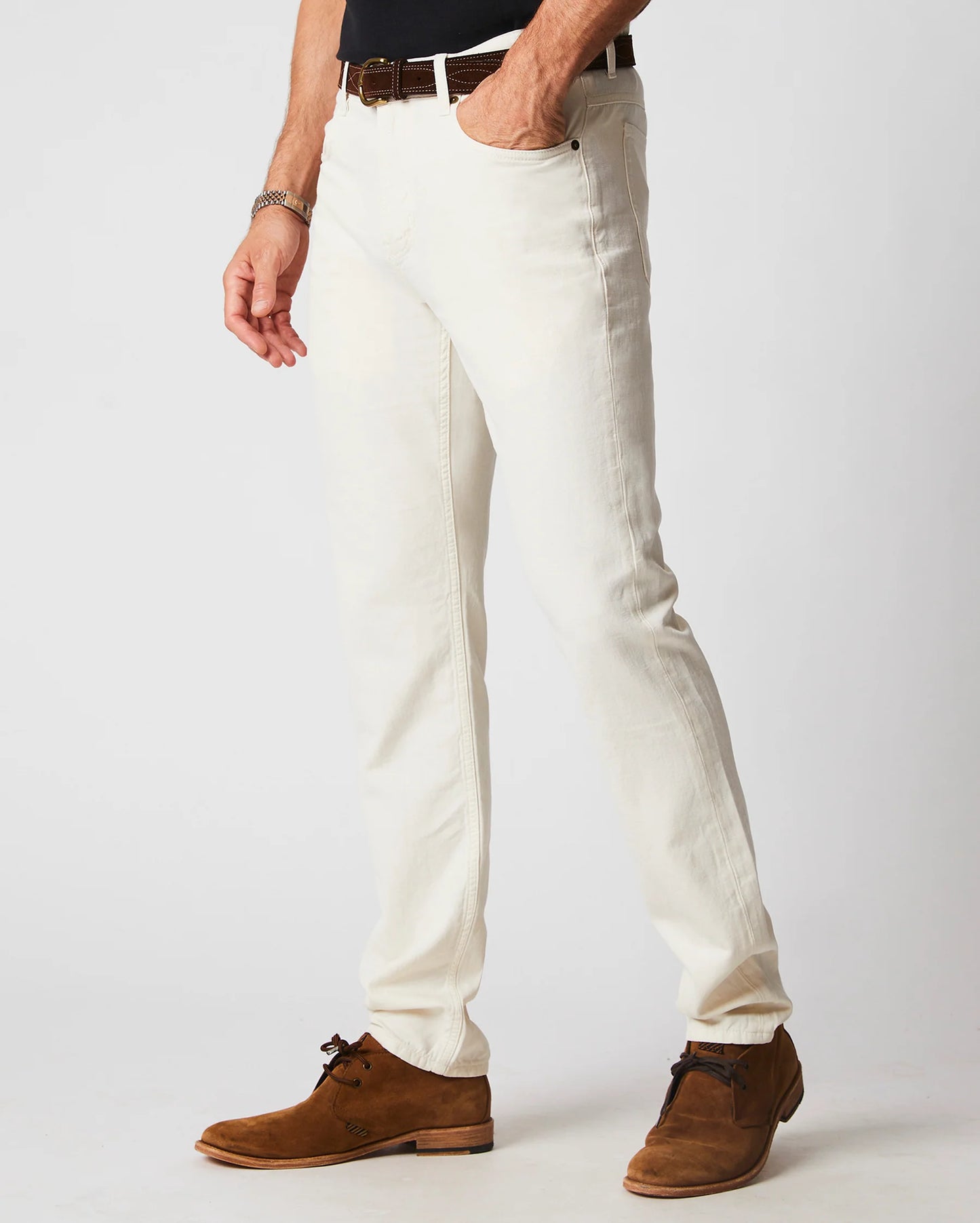 Front view of the Billy Reid Cotton Linen 5 Pocket Pant in the color Eggshell