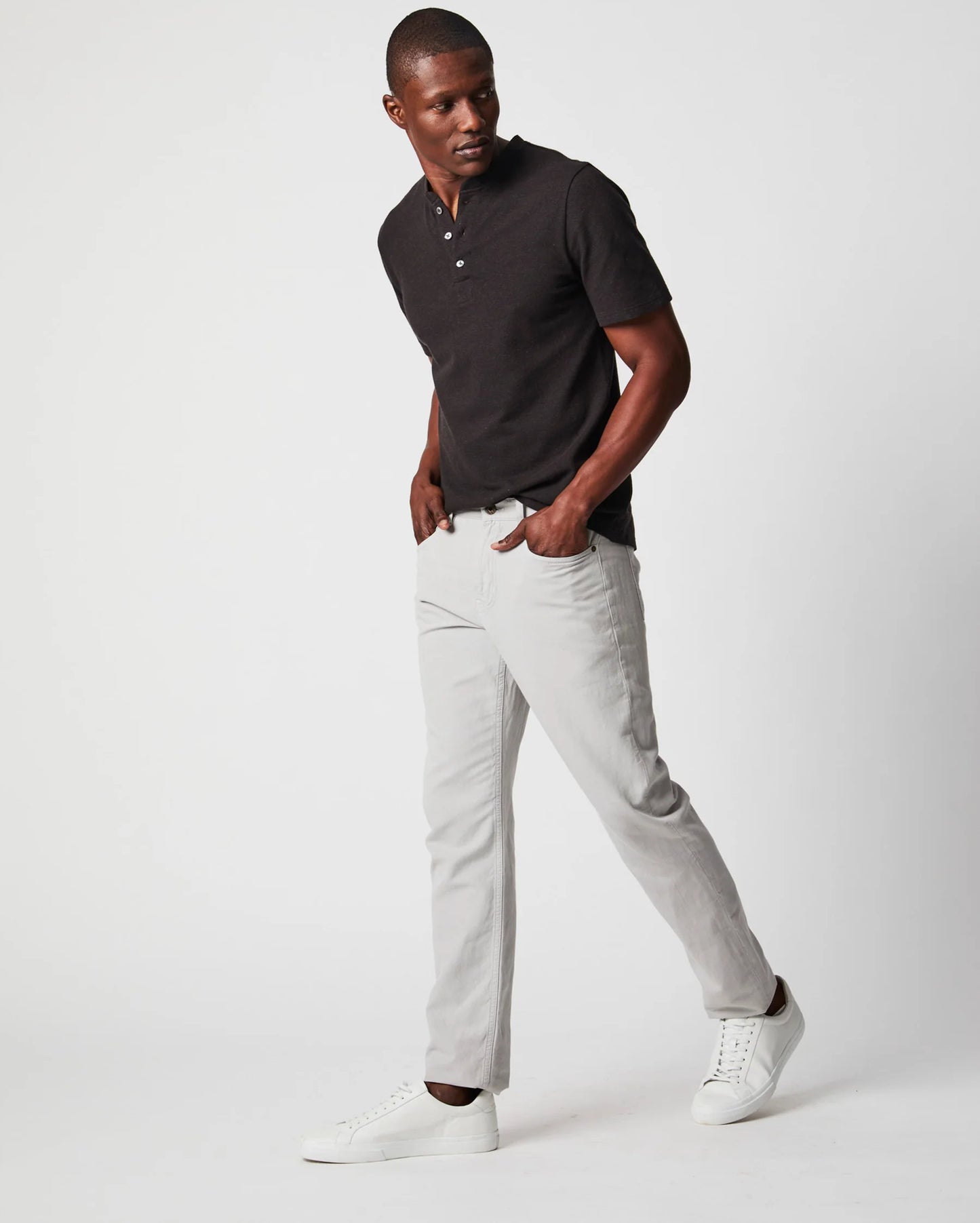 Front view of the Billy Reid Cotton Linen 5 Pocket Pant in the color Quarry