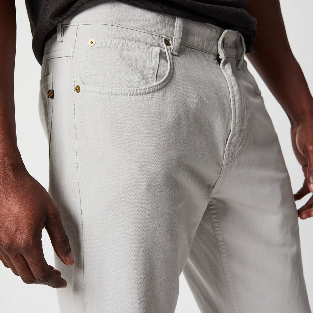 
                      
                        Front detail view of the Billy Reid Cotton Linen 5 Pocket Pant in the color Quarry
                      
                    