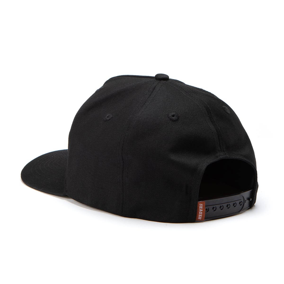 Black snapback hat from Seager with a brand logo on the side on a white background