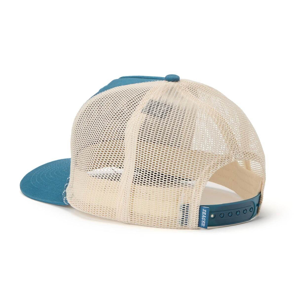 
                      
                        Beige mesh cap with blue bill 
                      
                    