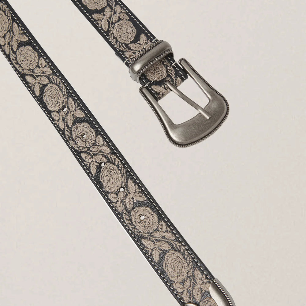 Black leather belt with silver buckle and artisanal detail