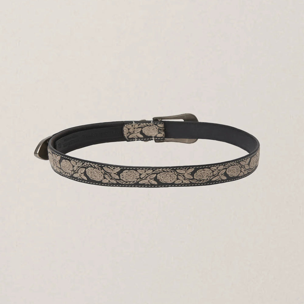 
                      
                        Black leather belt with floral pattern 
                      
                    