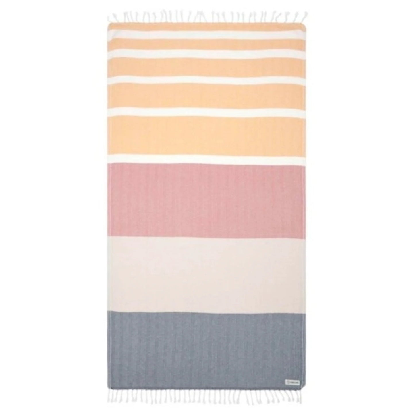 Organic turkish cotton beach towel with colored stripes of various widths and tassled ends.