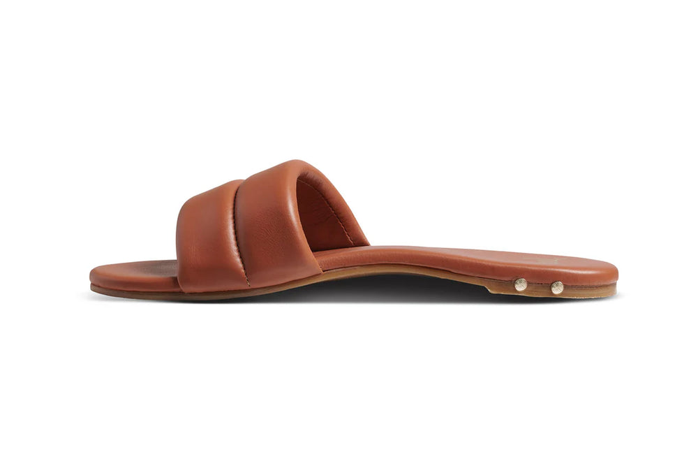 
                      
                        Side view of the Sugarbird Tan Leather Slide Sandals by beek
                      
                    