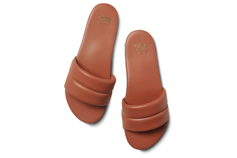 Top view of the Sugarbird Tan Leather Slide Sandals by beek