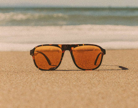 A pair of the  Tortoise Bronze Shoreline Sunglasses by Sunski on the beach