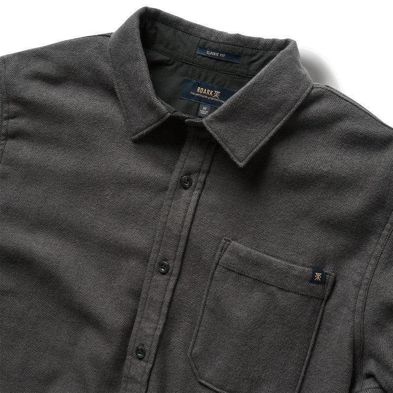 
                      
                        Front design details on the Charcoal Crossroads Flannel Shirt by Roark
                      
                    