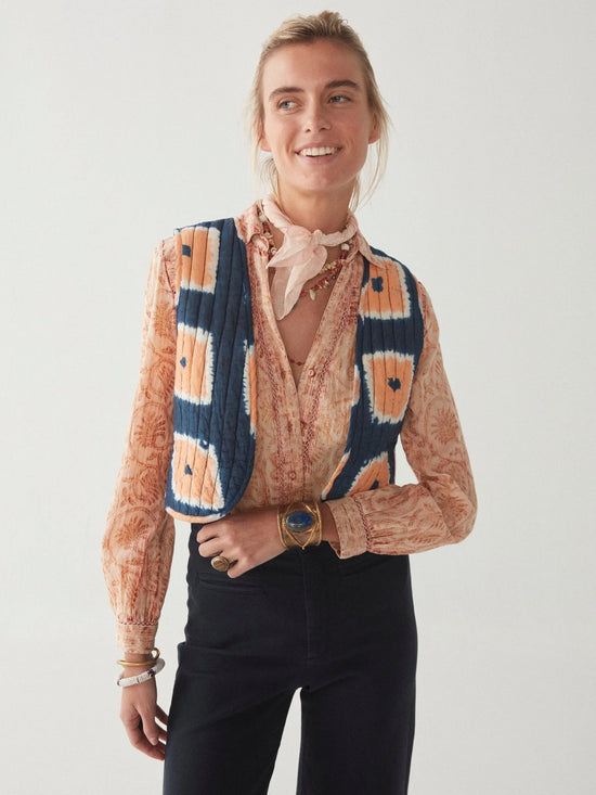 Front view of the tie dyed quilted Telmo Vest by Maison Hotel