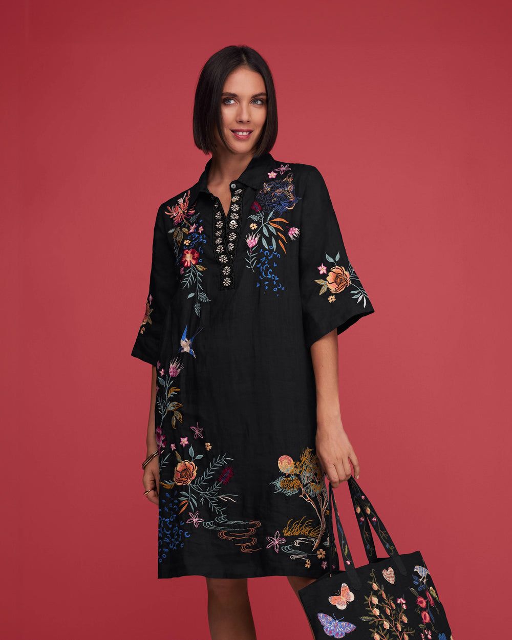 Johnny Was Indalo Henley Kimono Sleeve Dress - Black