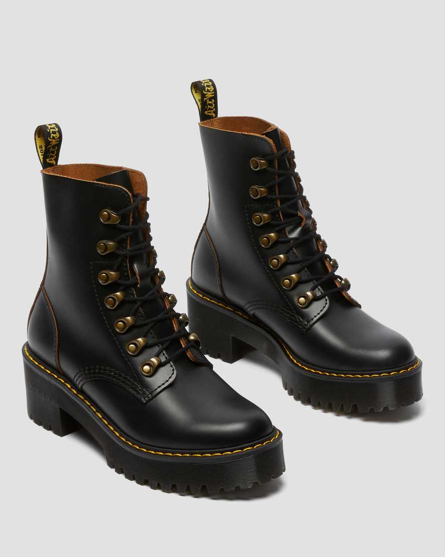 Dr. Martens Leona Leather Heeled Boot - Black Vintage Smooth
