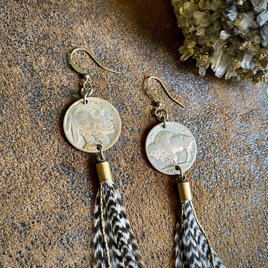 antique nickel and feather earrings