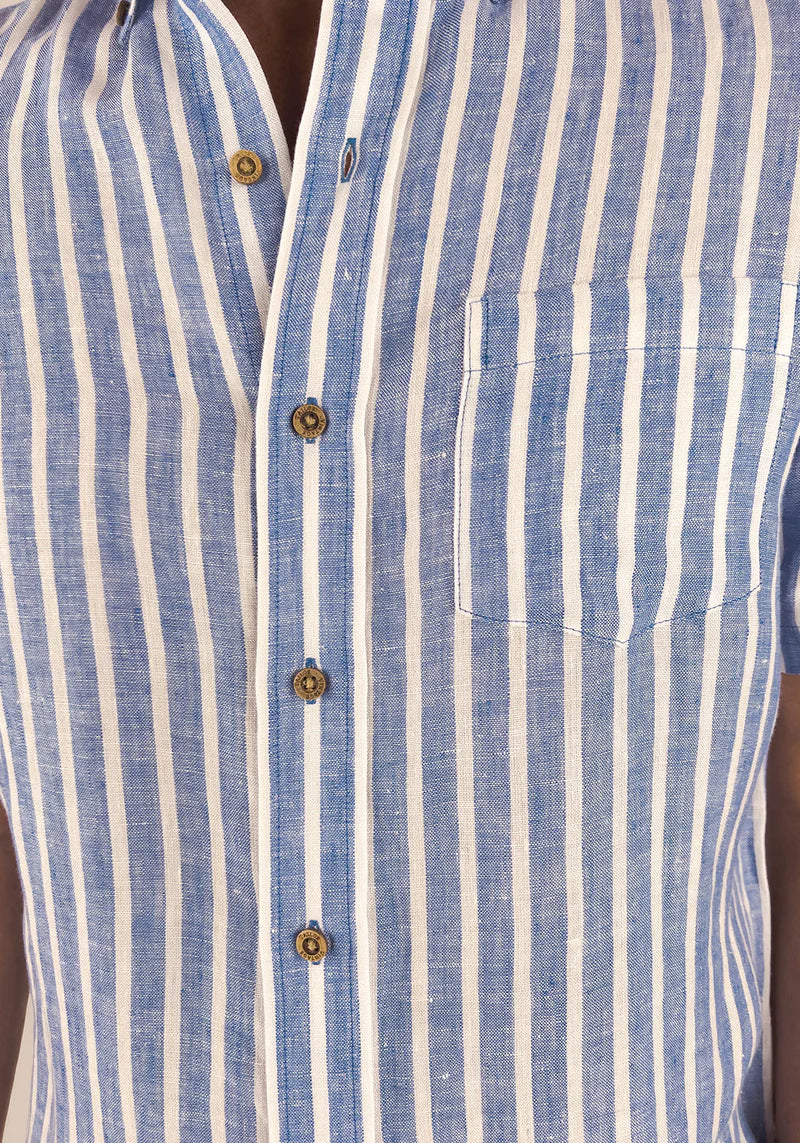 Tailor Vintage Puretec® Linen Stripe Short Sleeve Shirt - Blue Stripe