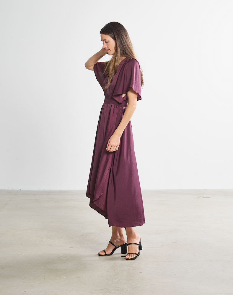 
                      
                        Women's Maroon maxi dress with flutter sleeves and handkerchief skirt details
                      
                    