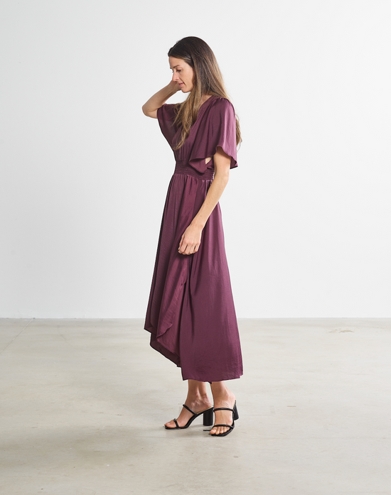 Women's Maroon maxi dress with flutter sleeves and handkerchief skirt details