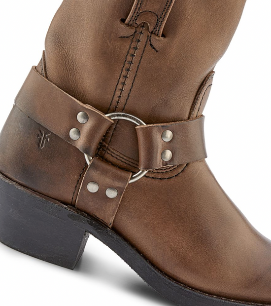brown leather heeled boot with silver hardware