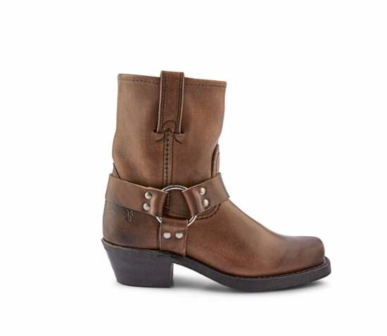 Women's rugged brown leather boot with hardware