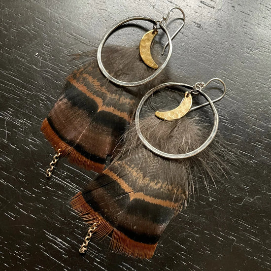 Load image into Gallery viewer, Jennifer Kahn Small Silver Hoops Brass Crescent Moon Feather Earrings
