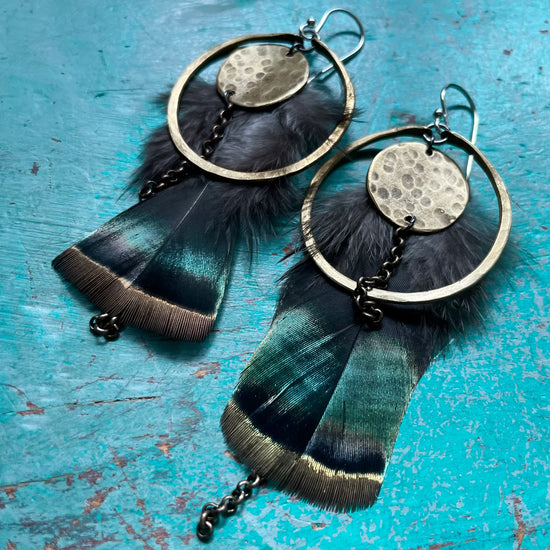 Load image into Gallery viewer, Jennifer Kahn Small Brass Hoop Full Moon Earrings with Iridescent Feathers
