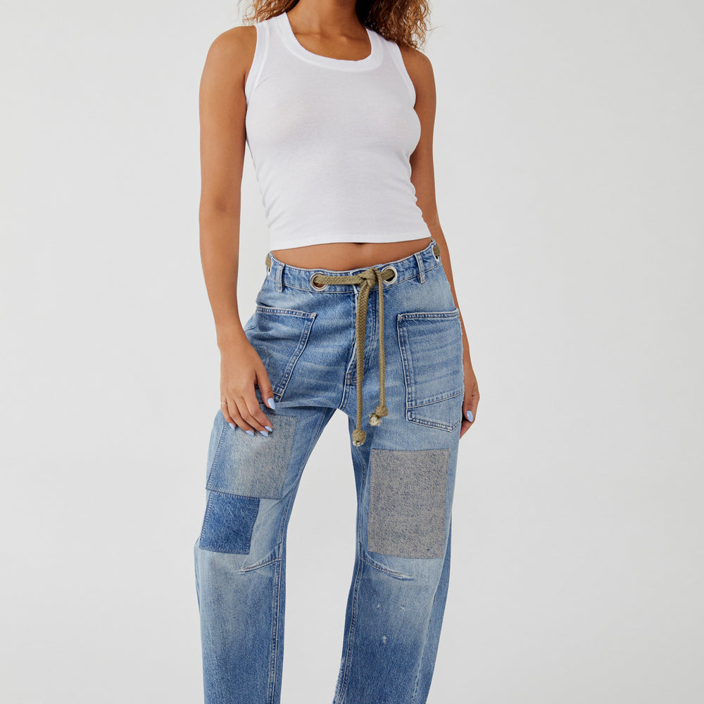 
                      
                        Free People's Moxie Low Slung Pull-On Barrel Jeans in the color Truest Blue
                      
                    