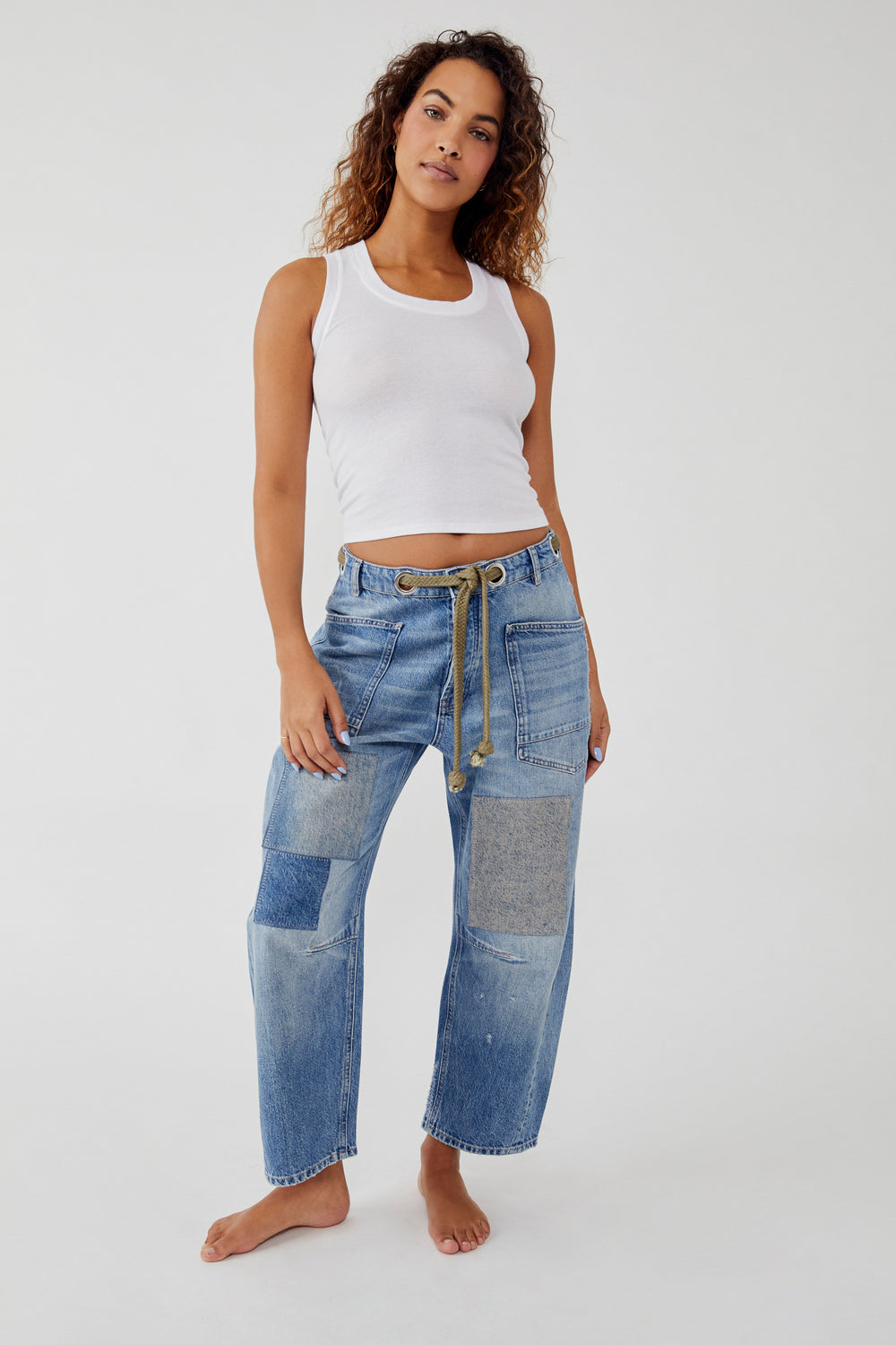 Free People's Moxie Low Slung Pull-On Barrel Jeans in the color Truest Blue