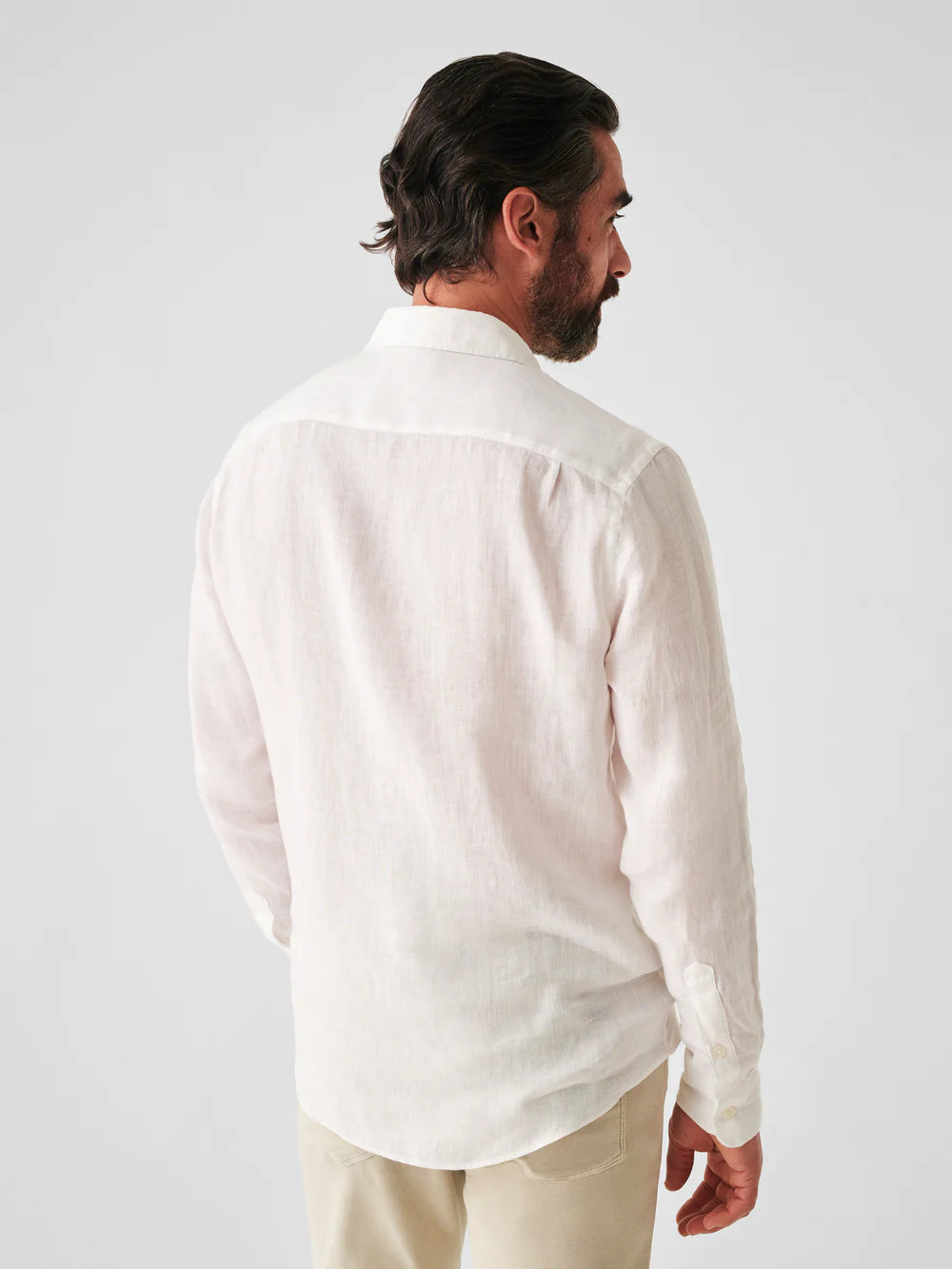 Back view of Faherty's Linen Laguna Shirt in the color White