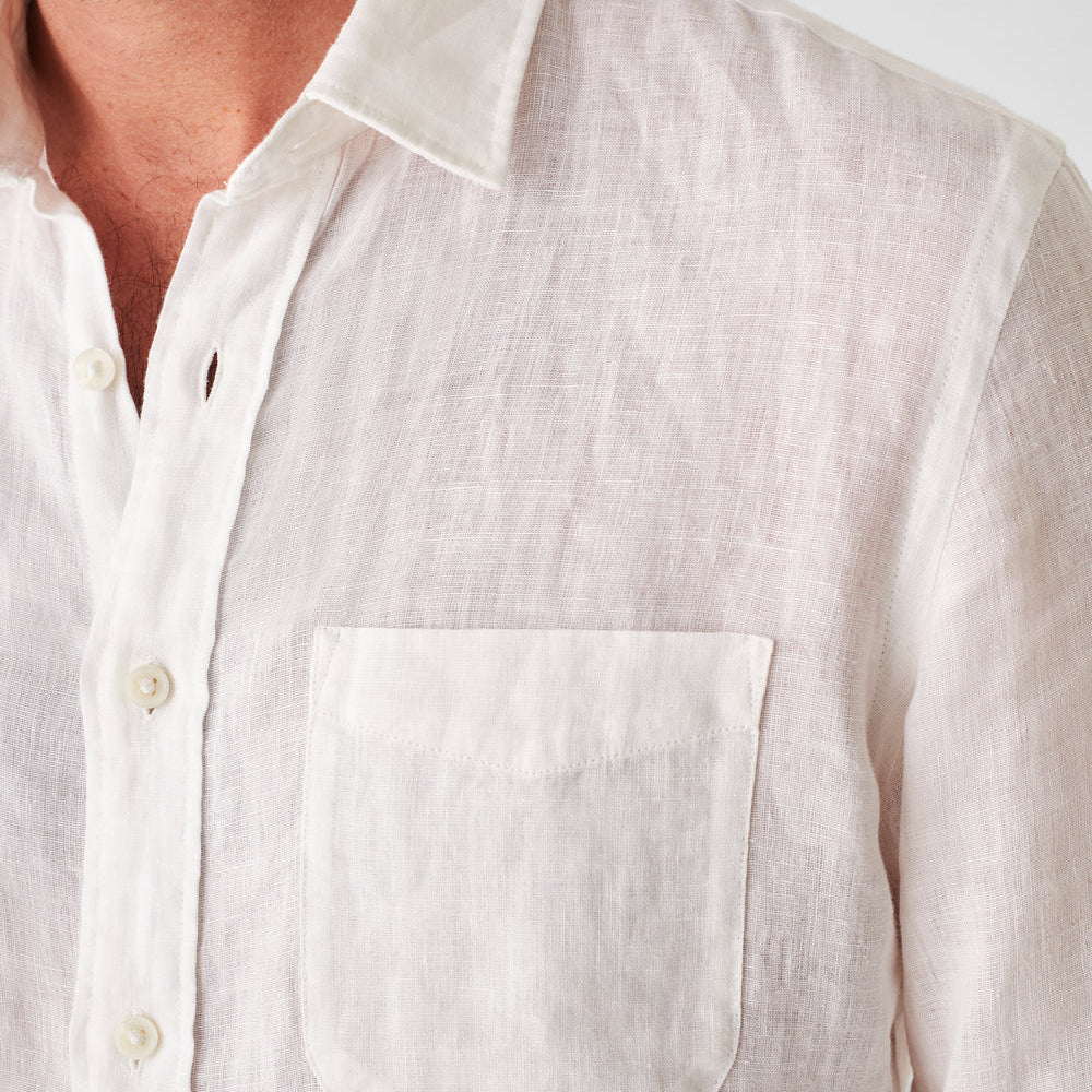 
                      
                        Detail view on the front of Faherty's Linen Laguna Shirt in the color White
                      
                    