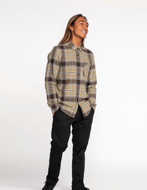 Volcom Caden Plaid Long Sleeve Flannel Shirt - Khaki