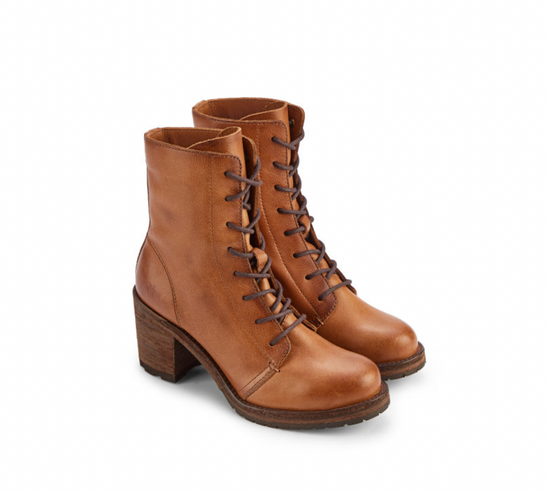 Load image into Gallery viewer, Women&amp;#39;s brown heeled lace-up leather boots
