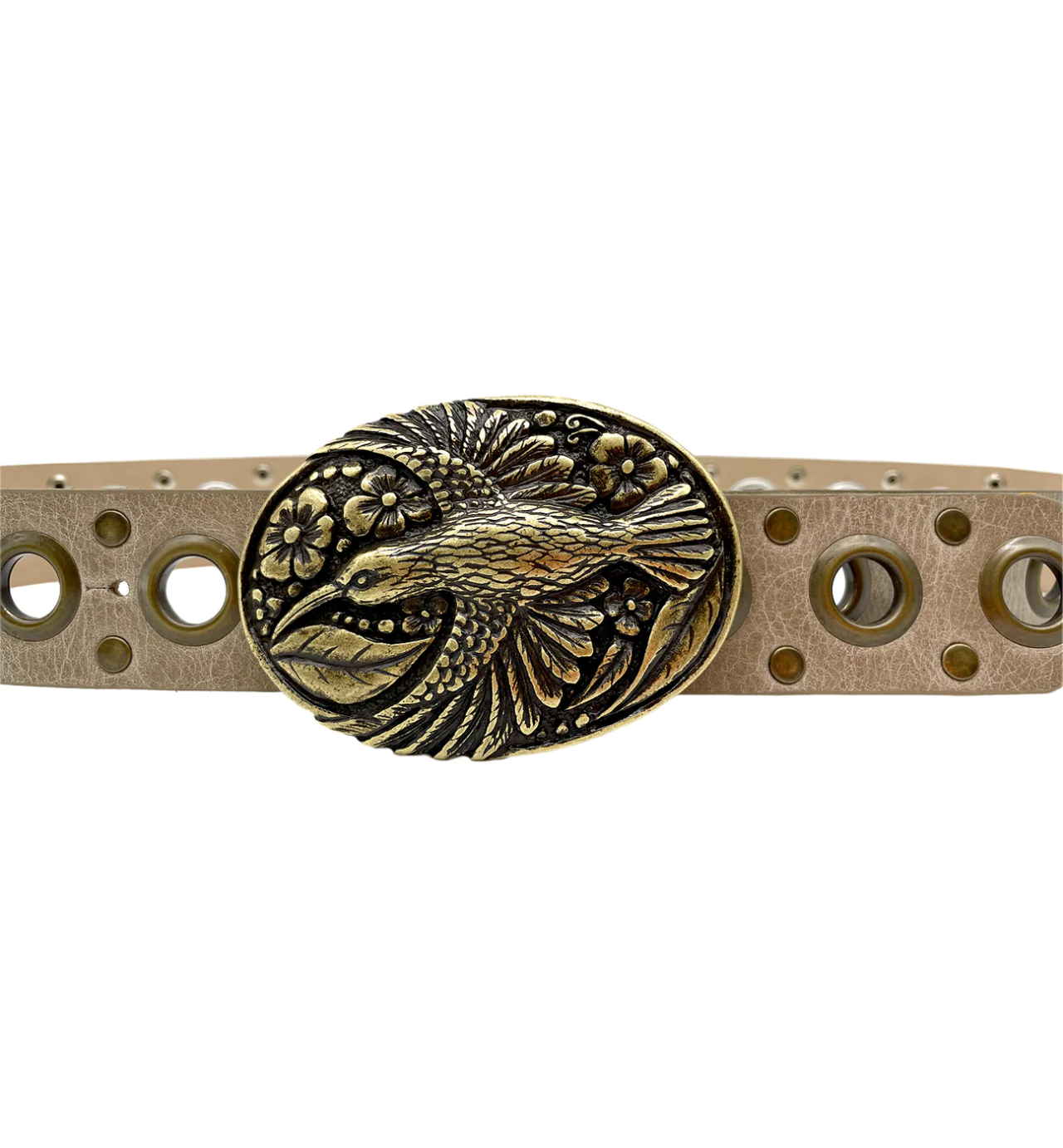 Leather belt with large bird buckle