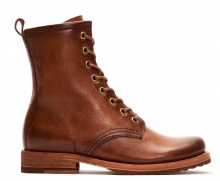 Side view of the Caramel Leather Veronica Combat Boot by FRYE